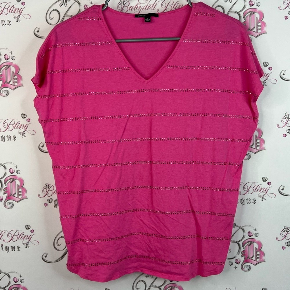 Chaus tshirt rhinestone striped crystal diamond Fuchsia V-Neck Short Sleeve Top